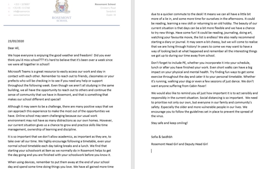 Head Girl Letter Rosemont School